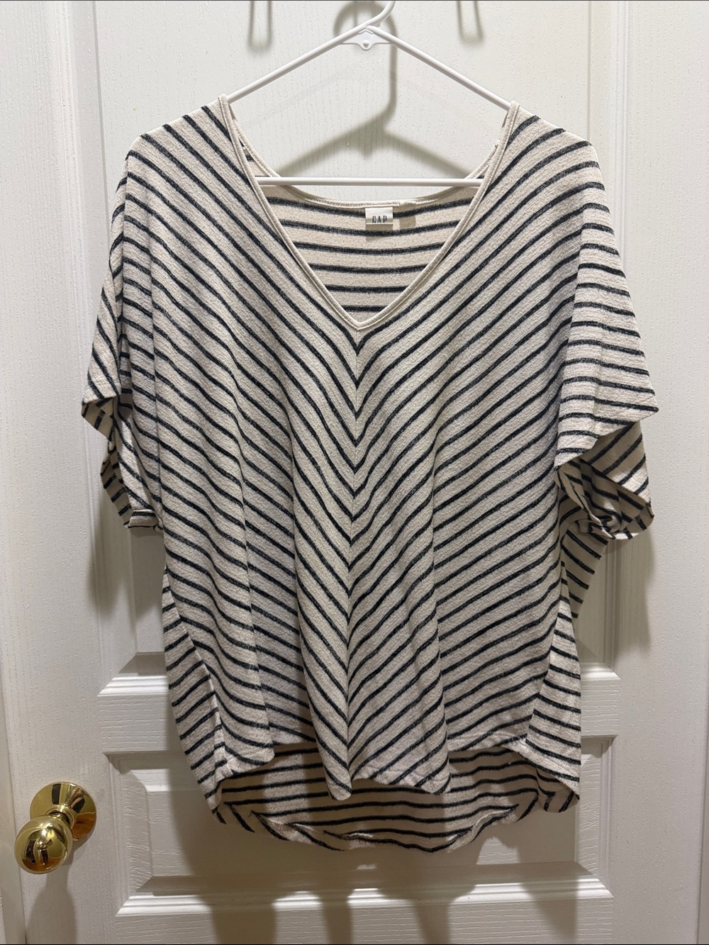 GAP Cream and Black Striped V-Neck Short Sleeve Top